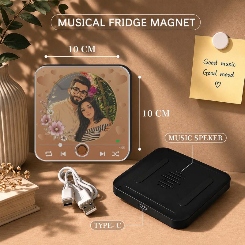 Personalized Caricature Theme Couple Photo Musical Fridge Magnet with Custom Photo & Song Surprise Gift for Wife, Husband, Girlfriend, Boyfriend